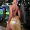 Women Glitter Sexy Dress Sleeveless Halter Backless Low Cut Split Short Dress See Through Party Club Sexy Dresses Female Summer
