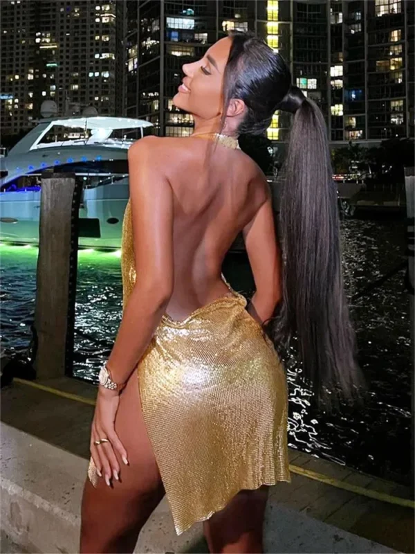 Women Glitter Sexy Dress Sleeveless Halter Backless Low Cut Split Short Dress See Through Party Club Sexy Dresses Female Summer