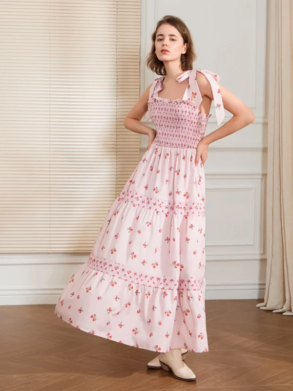 Women Slip Dress Sleeveless Tie-up Floral Dress Summer Long Swing Dress for Daily Party Bohemian