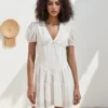 Women White Mini Dress Short Sleeve V Neck Eyelet Hollowed Solid A-line Dress Summer Dress for Daily Party