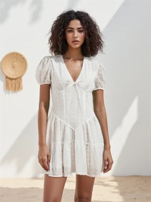 Women White Mini Dress Short Sleeve V Neck Eyelet Hollowed Solid A-line Dress Summer Dress for Daily Party