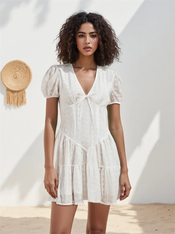 Women White Mini Dress Short Sleeve V Neck Eyelet Hollowed Solid A-line Dress Summer Dress for Daily Party