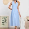Women Long Dress Sleeveless Turn-down Collar Button-down Slim Waist A-line Tank Dress Party Casual Summer Sundress Streetwear