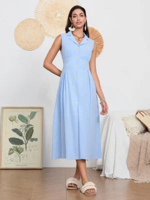 Women Long Dress Sleeveless Turn-down Collar Button-down Slim Waist A-line Tank Dress Party Casual Summer Sundress Streetwear
