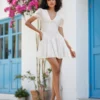 Women White Mini Dress Short Sleeve V Neck Eyelet Hollowed Solid A-line Dress Summer Dress for Daily Party