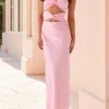 Women's Elegant Tube Dress Strapless Twist Front Cut Out Bodycon Long Dress Solid Color Summer Party Dresses