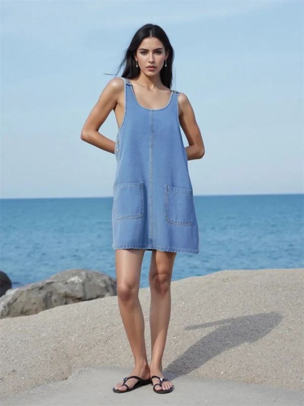 Women's Summer Denim Tank Dress Sleeveless Solid Color U Neck Jeans Dress with Pockets