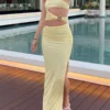 Women's Strapless Tube Dress Solid Color Hollow Out Bodycon Long Dress for Party Evening Elegant Summer Dresses