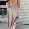 Women’s Bow Long Dress Summer Sleeveless Spaghetti Strap Stripes/Dots Print Dress Flowy Dress