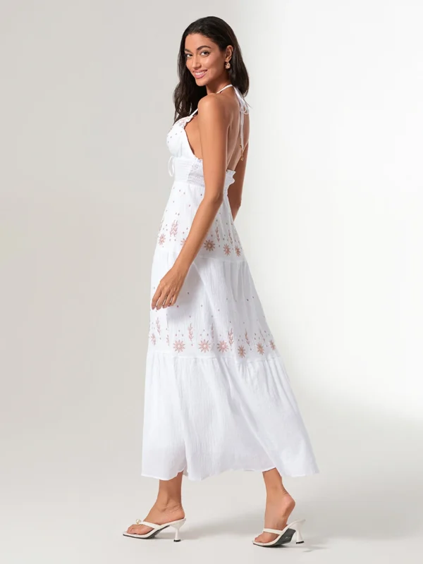 Women Summer Casual Long Dress Flower Embroidery Tie-Up Halter Neck Sleeveless Dress Fashion Backless A-line Dress