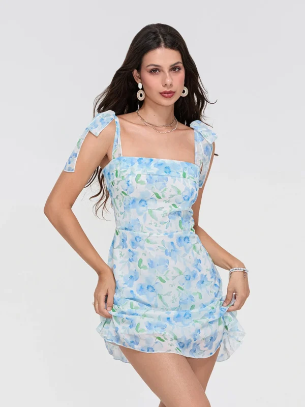 Women Retro Floral Dress Tie-Up Spaghetti Strap A-line Mini Dress Evening Party Vintage Fairycore Summer Dresses Female