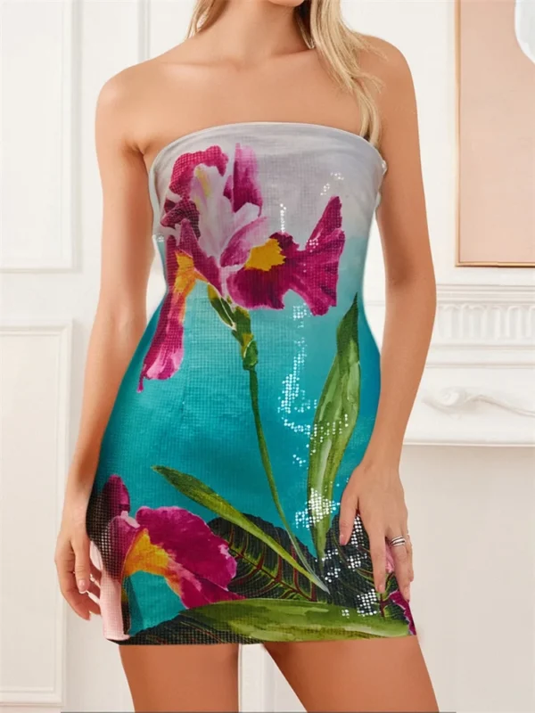 Women Summer Mini Dress Flower Printed Strapless Sleeveless Bodycon Pencil Dress for Party Club Evening