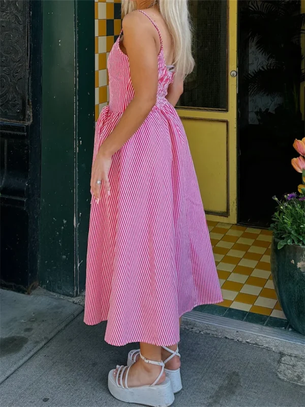 Women’s Bow Long Dress Summer Sleeveless Spaghetti Strap Stripes/Dots Print Dress Flowy Dress