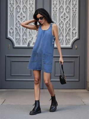 Women's Summer Denim Tank Dress Sleeveless Solid Color U Neck Jeans Dress with Pockets