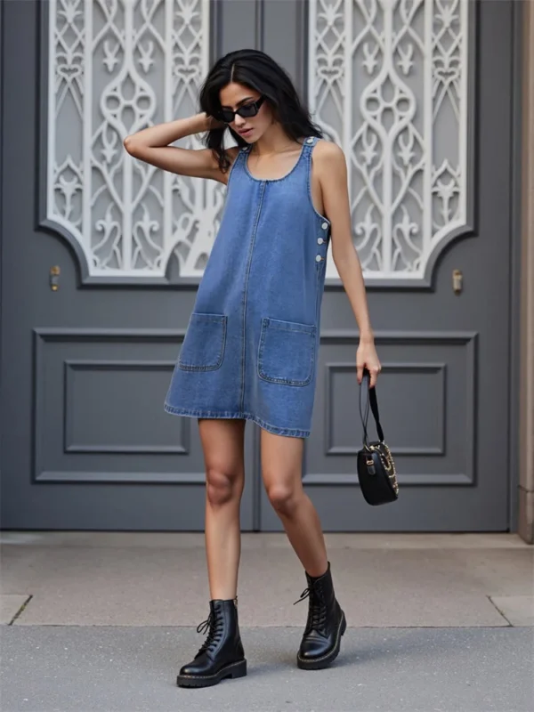 Women's Summer Denim Tank Dress Sleeveless Solid Color U Neck Jeans Dress with Pockets