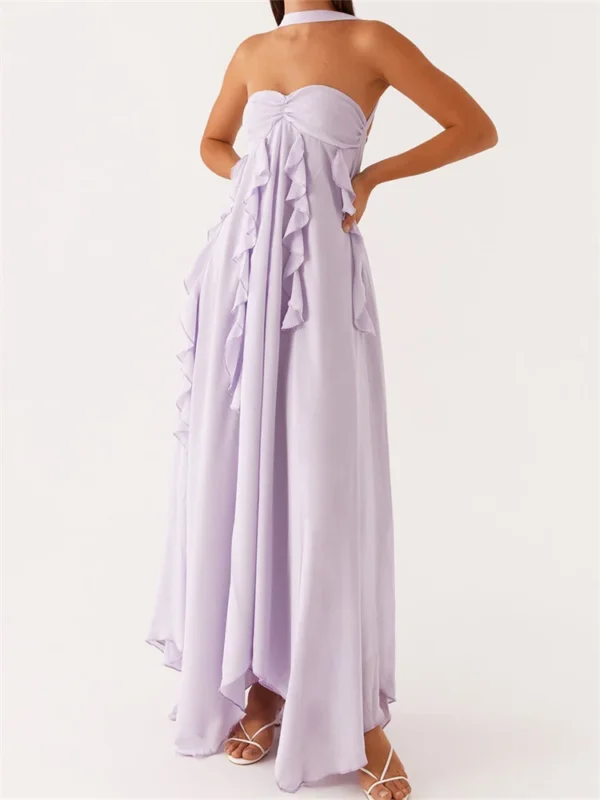 Women Summer Long Dress Solid Color Ruffle Tassel Sleeveless Backless Pleated Dress for Party Club Holiday
