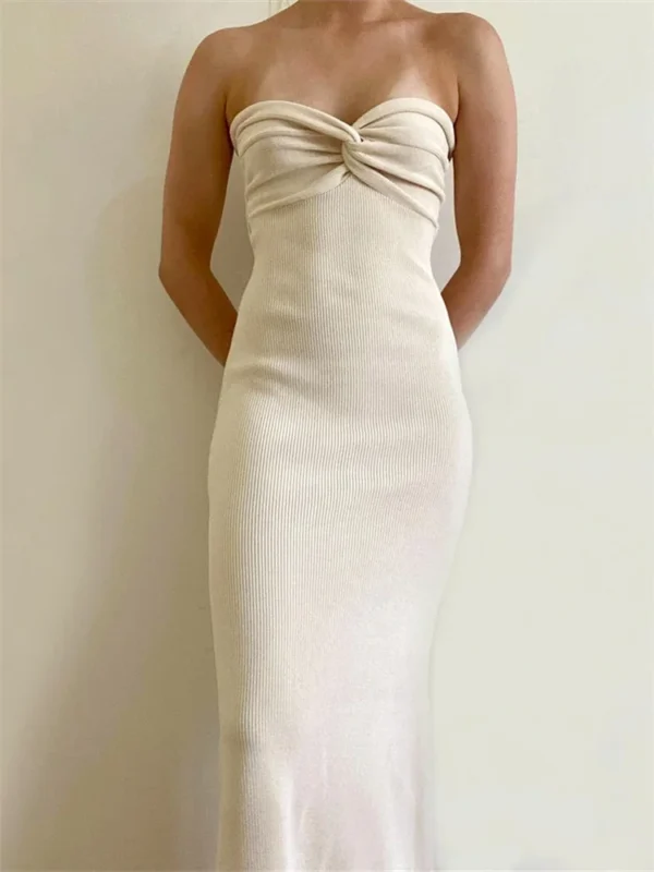 Women Y2K Knitted Long Dress Solid Color Strapless Bodycon Pencil Slit Tube Dress Summer Fall Sexy Elegant Chic Dresses Female