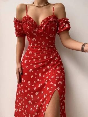 Woman Vintage Floral Dress Summer Off Shoulder Short Sleeve Corset Slit Midi Dress Bohemian Sexy Elegant Dresses Summer New