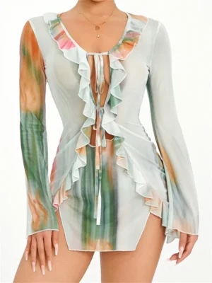 Women Summer Fall Dress Long Sleeve Flounce V Neck Tie-up Mini Dress Party Club Beach Sexy Y2K Dresses