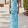 Women Beaded Flower Cami Dress Glitter Sequin Spaghetti Strap Open Back High Split Long Dress for Party Club