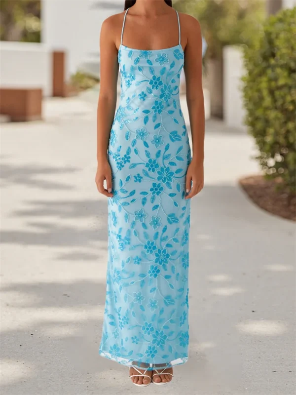 Women Beaded Flower Cami Dress Glitter Sequin Spaghetti Strap Open Back High Split Long Dress for Party Club