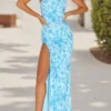 Women Beaded Flower Cami Dress Glitter Sequin Spaghetti Strap Open Back High Split Long Dress for Party Club