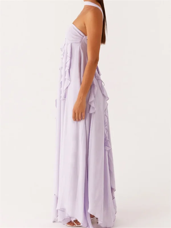 Women Summer Long Dress Solid Color Ruffle Tassel Sleeveless Backless Pleated Dress for Party Club Holiday