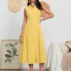 Women Long Dress Sleeveless Turn-down Collar Button-down Slim Waist A-line Tank Dress Party Casual Summer Sundress Streetwear