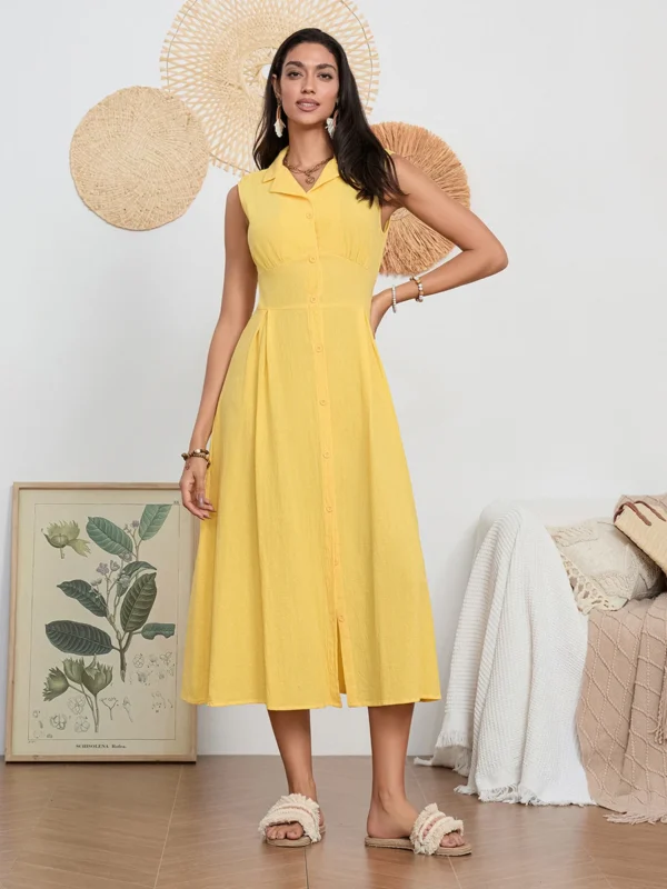 Women Long Dress Sleeveless Turn-down Collar Button-down Slim Waist A-line Tank Dress Party Casual Summer Sundress Streetwear