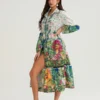Womens Floral Shirt Dress Lapel Neck Long Sleeve Tie Waist Button Down Long Dress for Daily Party Club