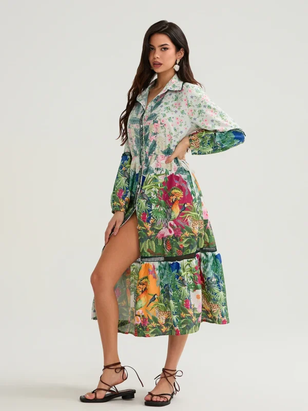 Womens Floral Shirt Dress Lapel Neck Long Sleeve Tie Waist Button Down Long Dress for Daily Party Club