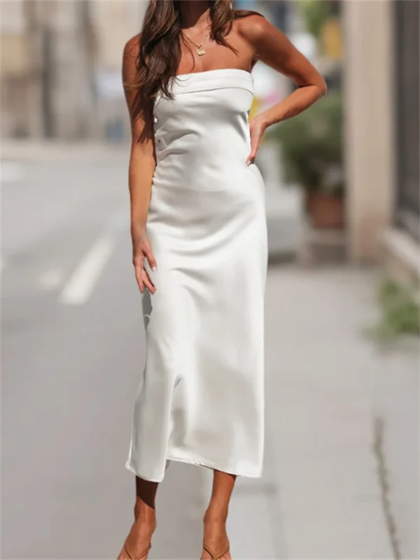 Summer Women Tube Top Dress Solid Color Strapless Sleeveless Backless Midi Dress Y2K Aesthetic Cocktail Party Sexy Dresses