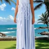 Women Summer Long Dress Solid Color Ruffle Tassel Sleeveless Backless Pleated Dress for Party Club Holiday