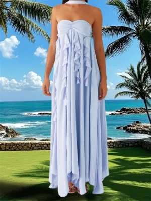 Women Summer Long Dress Solid Color Ruffle Tassel Sleeveless Backless Pleated Dress for Party Club Holiday