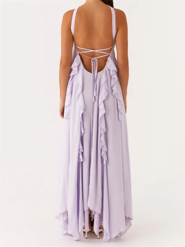 Women Summer Long Dress Solid Color Ruffle Tassel Sleeveless Backless Pleated Dress for Party Club Holiday