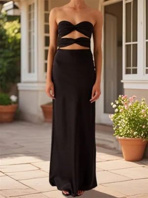 Women's Elegant Tube Dress Strapless Twist Front Cut Out Bodycon Long Dress Solid Color Summer Party Dresses