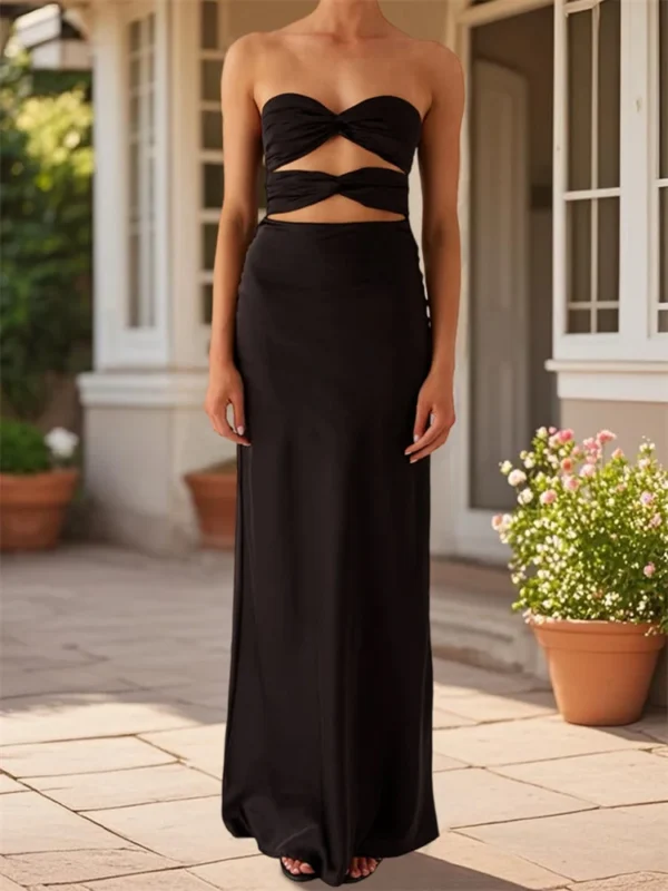 Women's Elegant Tube Dress Strapless Twist Front Cut Out Bodycon Long Dress Solid Color Summer Party Dresses