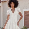 Women White Mini Dress Short Sleeve V Neck Eyelet Hollowed Solid A-line Dress Summer Dress for Daily Party