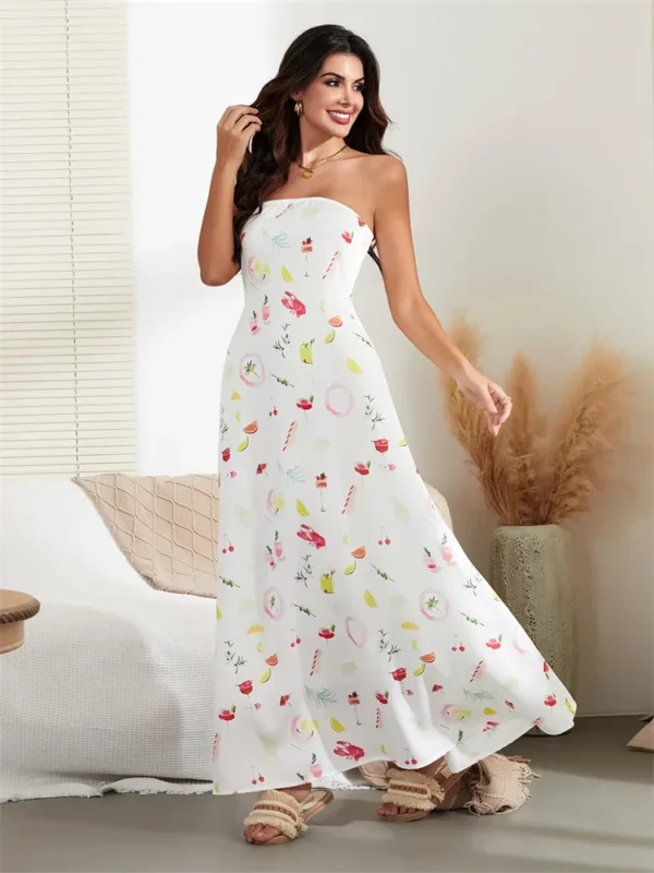 Women Tube Dress Strapless Fruit Print Loose Flowy Long Dress 2024 Summer Bohemian Beach Holiday Casual Dresses