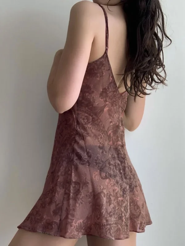 Women Summer Dress Spaghetti Strap Low Cut Split Mini Dress See Through Beach Club Sexy Dresses Nightdress Vintage Printed