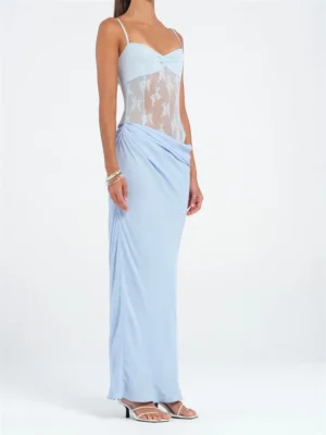 Women Patchwork Lace Cami Dress Slim Cut Out Sweetheart Neck Spaghetti Strap Backless Long Dress for Party Club