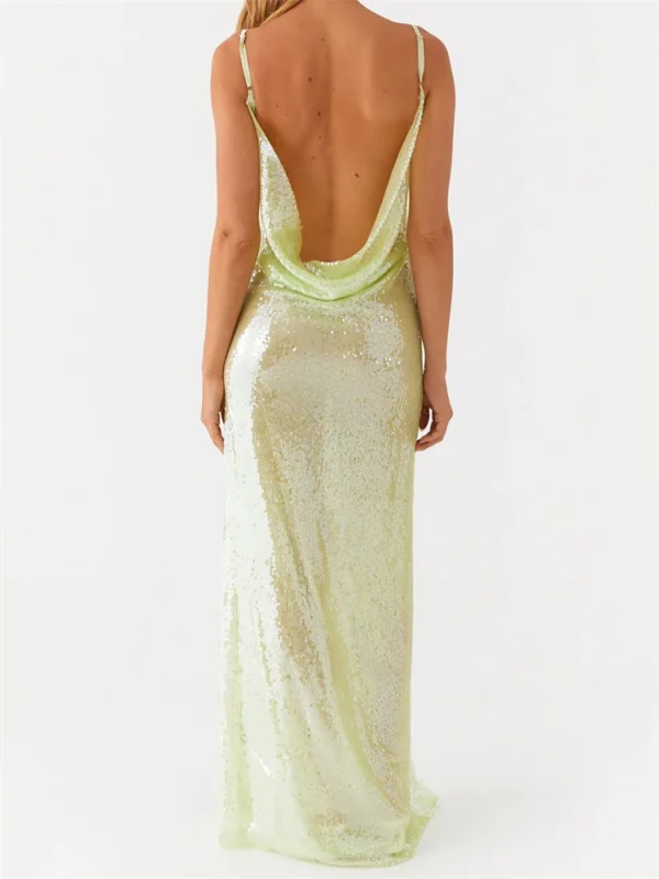 Women Shiny Sequins Dress Summer Draped Backless Spaghetti Strap Party Dress for Vacation Cocktail Beach Streetwear
