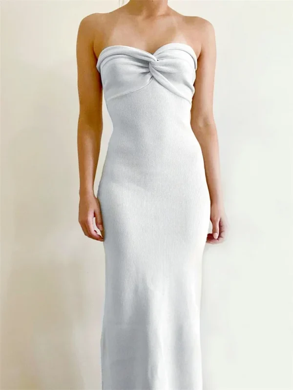 Women Y2K Knitted Long Dress Solid Color Strapless Bodycon Pencil Slit Tube Dress Summer Fall Sexy Elegant Chic Dresses Female