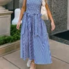 Women’s Bow Long Dress Summer Sleeveless Spaghetti Strap Stripes/Dots Print Dress Flowy Dress