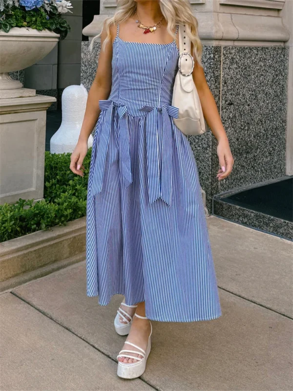 Women’s Bow Long Dress Summer Sleeveless Spaghetti Strap Stripes/Dots Print Dress Flowy Dress