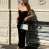Women Y2K Knitted Long Dress Solid Color Strapless Bodycon Pencil Slit Tube Dress Summer Fall Sexy Elegant Chic Dresses Female