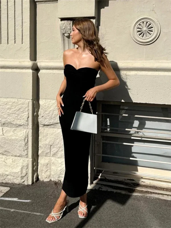 Women Y2K Knitted Long Dress Solid Color Strapless Bodycon Pencil Slit Tube Dress Summer Fall Sexy Elegant Chic Dresses Female