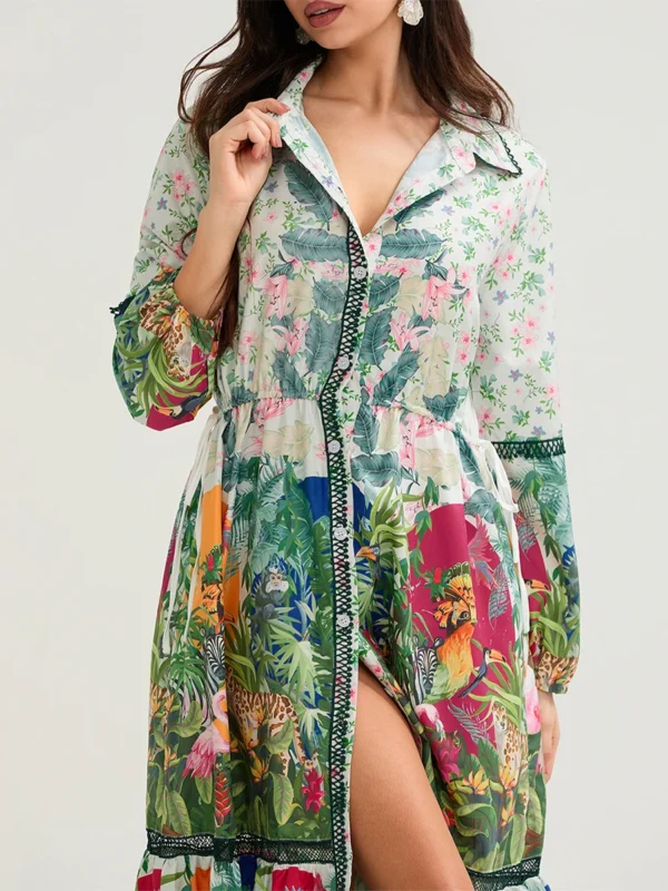 Womens Floral Shirt Dress Lapel Neck Long Sleeve Tie Waist Button Down Long Dress for Daily Party Club