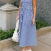 Women’s Bow Long Dress Summer Sleeveless Spaghetti Strap Stripes/Dots Print Dress Flowy Dress