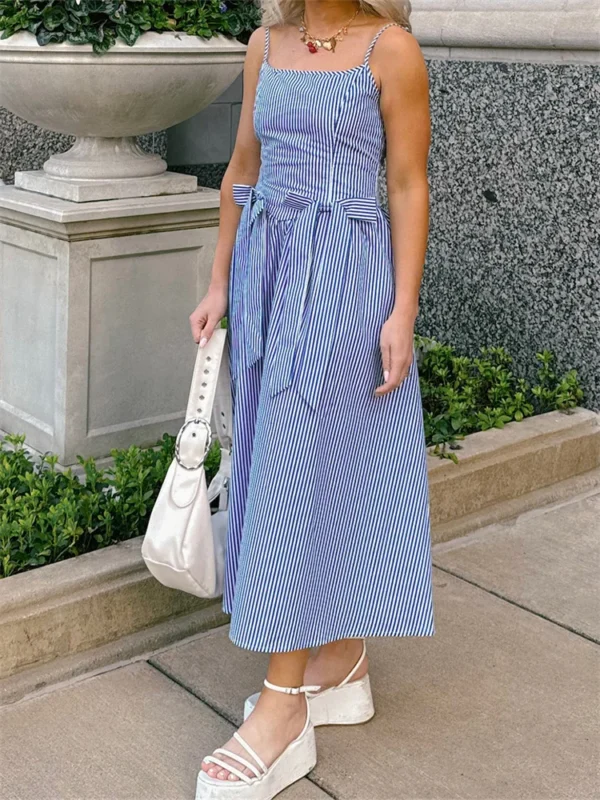 Women’s Bow Long Dress Summer Sleeveless Spaghetti Strap Stripes/Dots Print Dress Flowy Dress